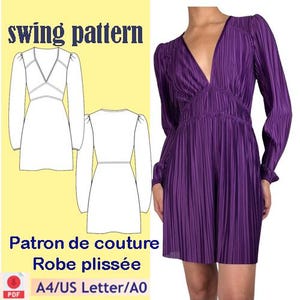 May include: A purple pleated dress with long sleeves and a V-neck is shown. The image also includes a line drawing of the dress, along with the text "swing pattern" and "A4/US Letter/A0". The dress is a mini dress.