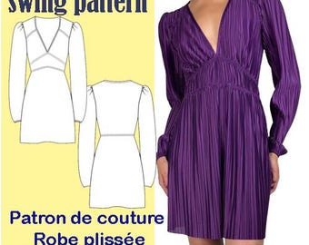 Patron de couture PDF Robe plissée élégante – manches longues bouffantes, col V profond – Tailles S-M-L-fichier pour télécharger pdf A4 & A0