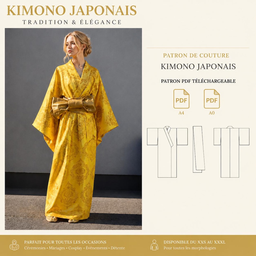 Japanese Kimono Sewing Pattern PDF A4 A0 | Women Kimono Robe Pattern ...