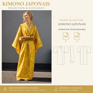 May include: A digital sewing pattern for a kimono, featuring a yellow garment with a subtle damask pattern and a wide gold obi sash. The document includes PDF icons for A4 and A0 formats, along with technical line drawings of the kimono construction.
