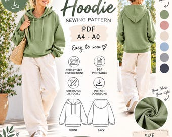 Patron Hoodie Femme PDF A4 & A0 | Sweat à Capuche Oversize | Tailles XS à XXL | Patron Couture Téléchargeable