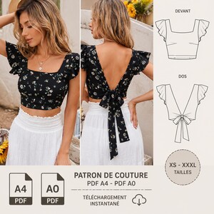 May include: A black crop top with a white and yellow floral pattern, featuring flutter sleeves, a square neckline, and a deep V-back with a tie closure. Includes technical line drawings labelled DEVANT and DOS, plus text PATRON DE COUTURE.