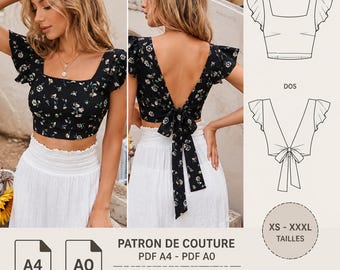 Tie Back Crop Top Sewing Pattern PDF, Flutter Sleeve Top Pattern, Square Neck Top, A4 A0 Printable Pattern, XS-XXXL Instant Download