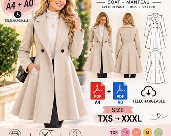 Patron Manteau Femme Élégant pdf – Patron de Couture Manteau Évasé – PDF A4 & A0 – Tailles TXS à XXXL – Téléchargement Instantané