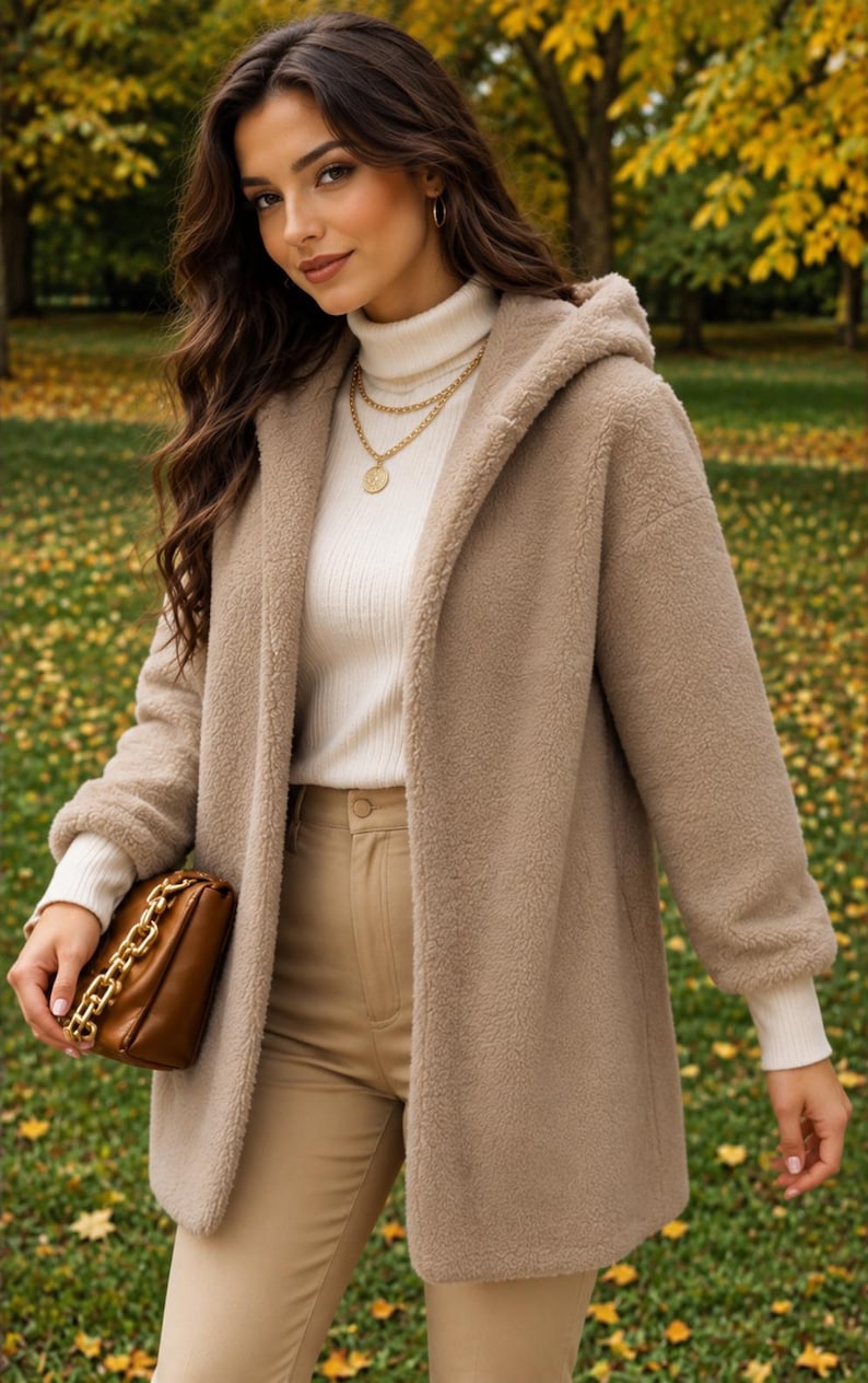 May include: A beige hooded teddy coat with a textured fleece finish, worn over a white ribbed turtleneck sweater and tan trousers, paired with a brown leather handbag featuring a chunky gold chain strap and a gold layered necklace.