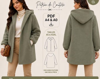 Patron Manteau à Capuche PDF A4 A0 – XS à XXXL | Patron de Couture Femme – Manteau Oversize – Téléchargement Instantané