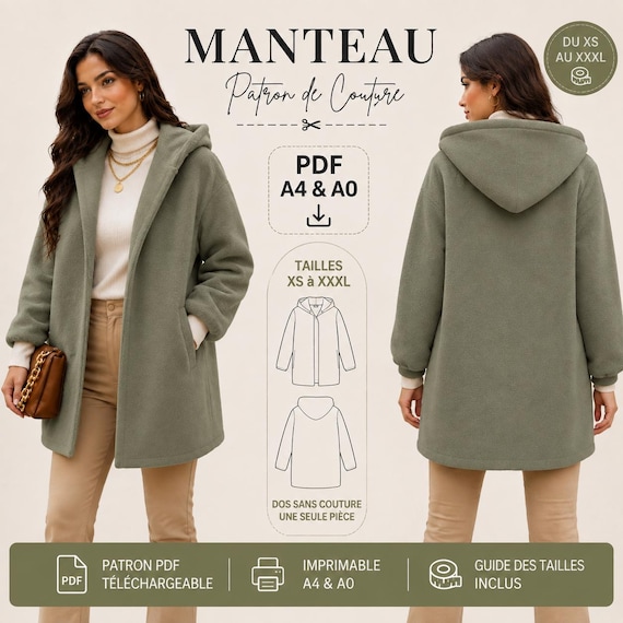 Patron Manteau à Capuche PDF A4 A0 – XS à XXXL | Patron de Couture Femme – Manteau Oversize – Téléchargement Instantané
