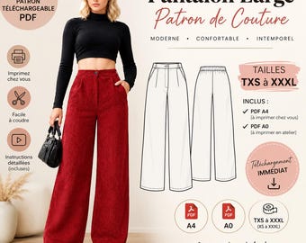 Patron Pantalon Large Femme pdf | Sewing Pattern | Pantalon Taille Haute | PDF A4 A0 | Tailles TXS à XXXL | Téléchargement Instantané