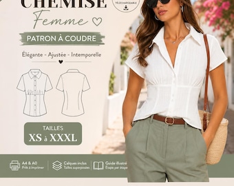 Patron Chemise femme austée pdf | chemisier d'Été manches courtes | Patron Couture A4 A0 US Letter | XS-XXXL | Téléchargement Instantané