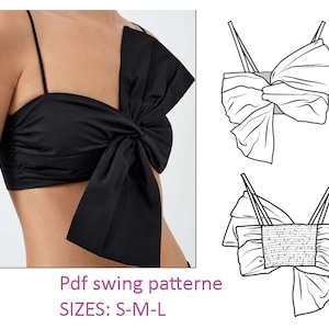 Könnte beinhalten: Schwarzes Satin-Crop-Top mit großem Schleifendetail. Das Oberteil hat dünne Spaghettiträger und ein gerafftes Oberteil. Das Bild enthält auch eine Strichzeichnung des Oberteils und den Text "Pdf swing pattern" und "SIZES: S-M-L".