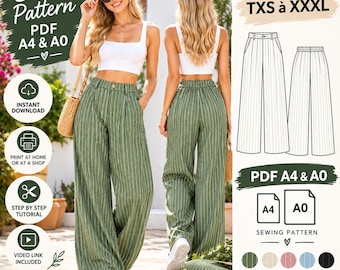 Wide Leg Pants Sewing Pattern PDF | High Waist Trousers Pattern | A4 A0 Printable Pattern | Instant Download | TXS–XXXL