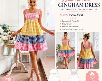 Patron robe  à volants d'été femme PDF – robe à carreaux gingham – patron de couture du TXS au XXXL – pdf  A4 + A0-téléchargement Instantané
