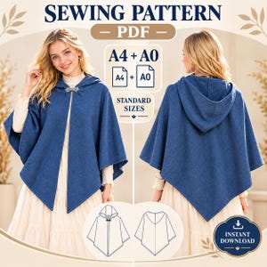 May include: A blue hooded cape sewing pattern PDF featuring front and back views, A4 and A0 size options, and a decorative metal clasp. The design includes a pointed hemline, a hood, and a clear line drawing illustration of the garment structure.