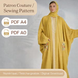 Abaya patronne moderne PDF A4 et A0 | Kimono long avec poches brodées | Taille Unique Oversize | Modèle Femme Modeste Chic- taille standard