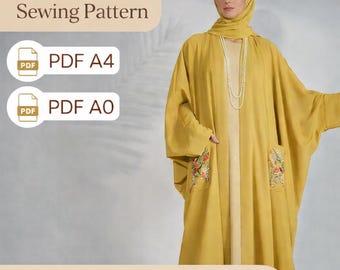 Patron Abaya Moderne PDF A4 & A0 | Kimono Long avec Poches Brodées | Taille Unique Oversize | Modèle Femme Modeste Chic- taille standard