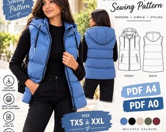 Patron Gilet Matelassé Femme pdf | Gilet à Capuche à Coudre | Patron Couture Femme | PDF A4 A0 | Téléchargement Instantané | TXS à XXL