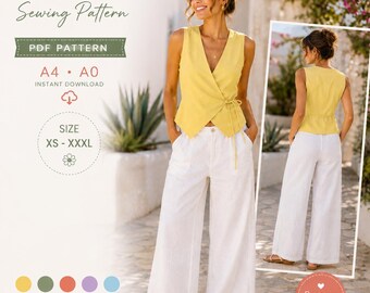 Wrap Top Sewing Pattern PDF | Women's Wrap Blouse Pattern | Sleeveless Tie Top | A4 & A0 Printable Pattern | XS–XXXL | Instant Download