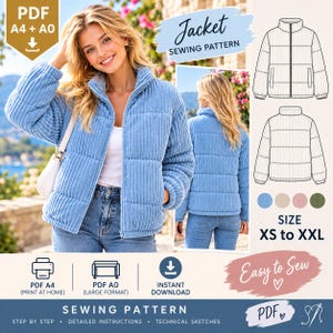 Puede incluir: Un patrón de costura para chaqueta acolchada de pana azul claro, disponible en tallas de la XS a la XXL. El archivo digital incluye formatos PDF A4 y A0, instrucciones paso a paso y bocetos técnicos para una chaqueta con cuello alto y cremallera.