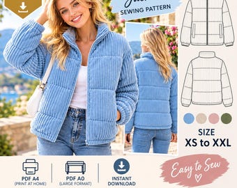 Quilted Jacket Sewing Pattern PDF | Puffer Jacket Pattern | Women’s Jacket pdf pattern | A4 A0 Printable Pattern | XS XXL | Instant Download