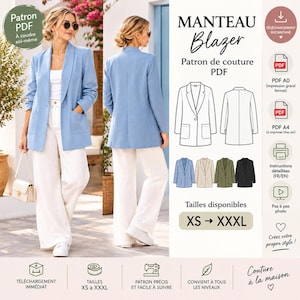 May include: A PDF sewing pattern for a light blue blazer featuring a shawl collar, long sleeves, and two front pockets. The digital file includes A0 and A4 formats, detailed instructions, and size options ranging from XS to XXXL for home sewing.