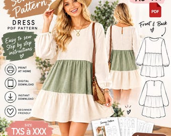 Tiered Dress Sewing Pattern PDF | Women's Boho  Pattern | A0 A4 Printable Pattern | Instant Download | TXS–XXXL