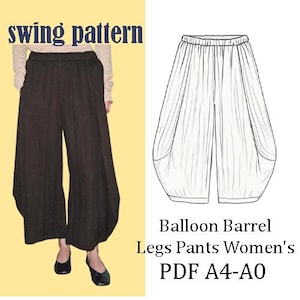 Può includere: Immagine di pantaloni a gamba a palloncino marroni. I pantaloni hanno una vestibilità ampia e morbida con tasche e una fascia in vita arricciata. L'immagine include anche un disegno a tratto dei pantaloni e il testo "swing pattern" e "Balloon Barrel Legs Pants Women's PDF A4-A0".