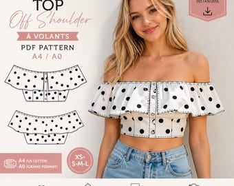 Off Shoulder Top Sewing Pattern PDF A4 A0 – Ruffle Blouse Polka Dot – Instant Download-Pattern only. No sewing instructions included.