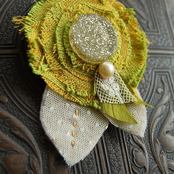 Olive Green Textile Brooch with Glitter Button