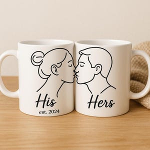 Mokset paar voor hem en haar - minimalistische koffiemokken met lijntekeningen - huwelijkscadeau pas - gepersonaliseerd jubileumcadeau - romantische mok paar