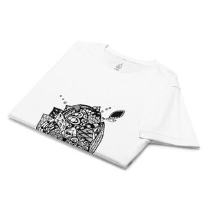 May include: White t-shirt featuring a detailed black and white floral design on the front. The graphic includes intricate patterns and shapes, with a leaf-like element. The shirt has a crew neck and short sleeves, made of a soft material.