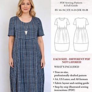 Peut inclure: Une femme porte une robe Stende à carreaux bleus et blancs. L'image comprend un patron de couture PDF et un guide complet, avec des tailles EU 44-54, US 14-24 et UK 18-28. Le patron inclut un tableau des tailles en cm et en pouces.