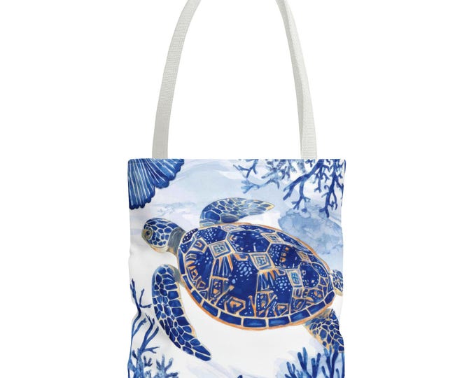 Blue Ceramic Sea Turtle tote bag | ocean turtle art, coral illustration