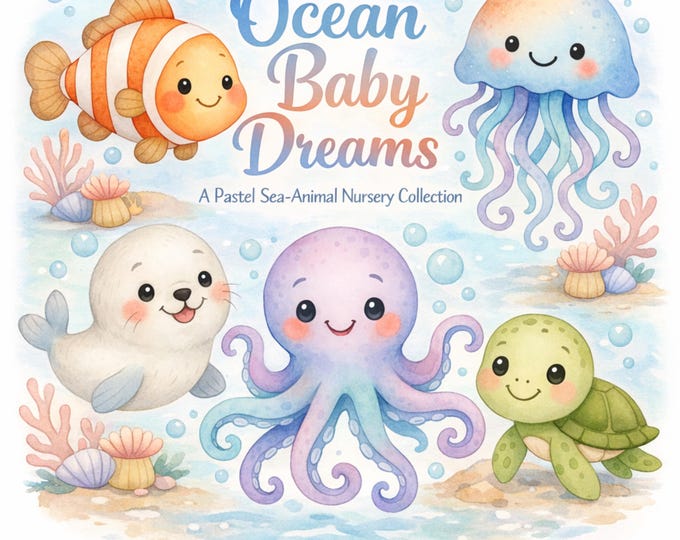 Pastel Sea Animal Nursery Prints | Whimsical Ocean Baby Wall Art (Digital Download)