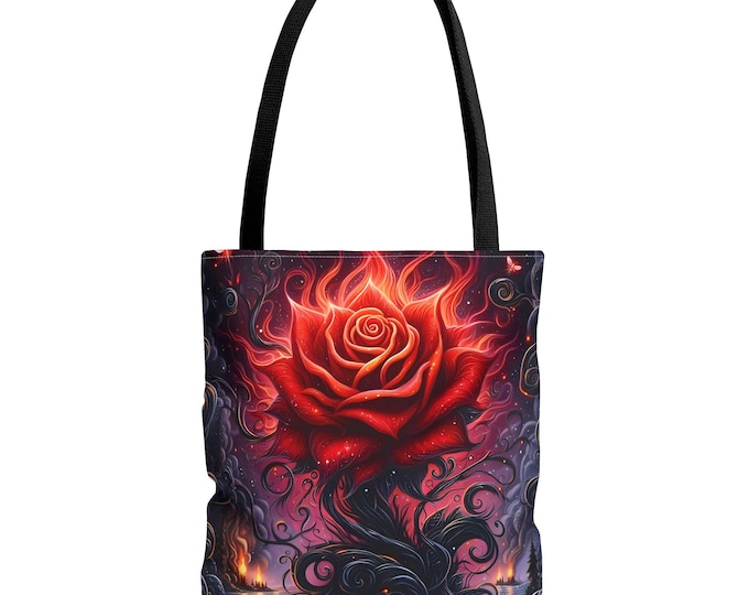 Flaming Red Rose Tote Bag | All-Over Print Floral Gothic Art