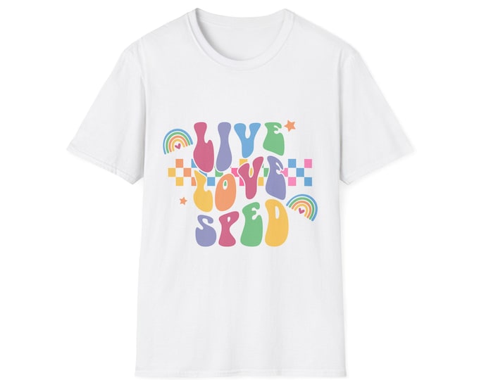 Live Your Speed T-Shirt | Retro Rainbow Typography, Checker & Rainbow Motifs