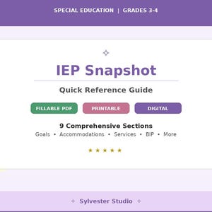 Puede incluir: Una guía de referencia rápida de IEP Snapshot digital para los grados 3-4, con el texto "FILLABLE PDF", "PRINTABLE" y "DIGITAL". La guía incluye 9 secciones completas. El fondo es morado con acentos coloridos.