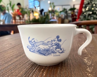 Vintage Mickey Minnie Tea Cup Collectible — Scenic Countryside Blue Print on White Ceramic