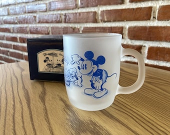 Vintage Disney Frosted Glass Mug – Mickey Mouse & Pluto Blue Print Japan