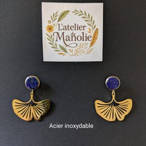 Pairs of Ginko earrings, studs, pendants, gold-plated stainless steel and lapis lazuli