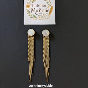 Two-in-one earrings, studs, long tassel pendants, gold-plated stainless steel and white mother-of-pearl