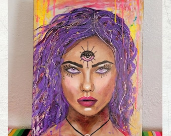 12x16 Third Eye Spiritual Portrait, Original Mixed Media Art, Purple and Pink Mystic