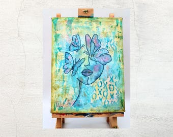 Indigo Soul Original Mixed Media Painting, 12x16 Ethereal Feminine Wall Decor, Blue Butterfly Art