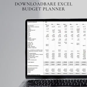 Op de afbeelding: Een laptopscherm toont een downloadbare Excel-budgetplanner met de tekst "LIFE NOW" in paars. De spreadsheet toont financiële gegevens, met kolommen voor maanden en rijen voor uitgaven.