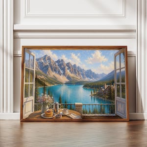 Muurdecoratie met uitzicht op Moraine Lake vanuit het raam, printbare poster van Banff National Park, schilderij van een ontbijt op een balkon in de Canadese Rockies, impressionistische kunst
