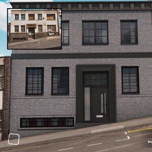 Puede incluir: Una fachada de edificio renderizada digitalmente con un exterior de ladrillo gris, molduras gris oscuro y ventanas con marco negro. La imagen incluye una inserción más pequeña que muestra el estado original del edificio. El texto dice "Verified View".