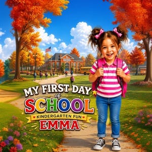 May include: A child with pigtails wearing a pink and white striped polo shirt, blue jeans, and black sneakers with a pink backpack. The text reads: MY FIRST DAY of SCHOOL KINDERGARTEN FUN EMMA. The background shows a school building and autumn trees.