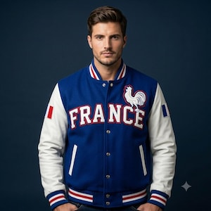 Jaqueta universitária francesa - Bomber azul royal em lã com mangas em couro branco - Casaco colegial tricolor para torcedores franceses, presente premium para fãs de futebol.