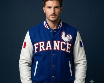 Frankreich Varsity Jacke - Royal Blau Wolle & Weiße Leder Ärmel Bomber - Dreifarbiger französischer Anhänger Letterman Mantel, Premium Fußball Fan Geschenk