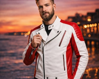 Handgefertigte Echtleder Bikerjacke | Herren White & Red Racing Jacke