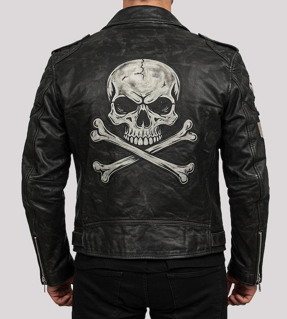ジャケット・アウター COLLARS leather tracker jacket skull M Men's Distressed Leather Skull Jacket – Biker Punk Motorcycle